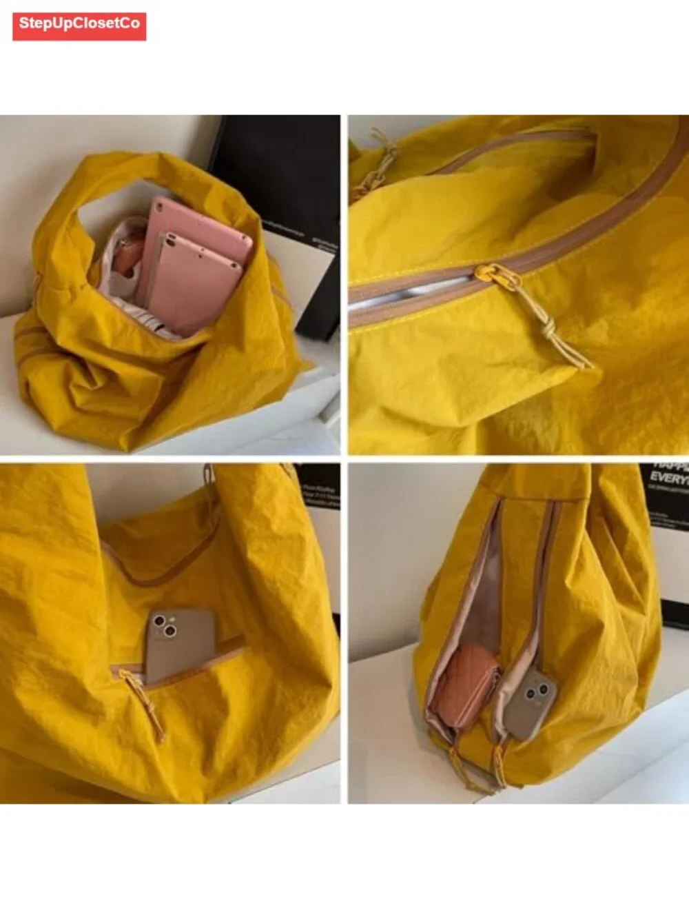 Large Slouchy Hobo Shoulder Bag Nylon Tote with Zipper Multi-Pocket for Women